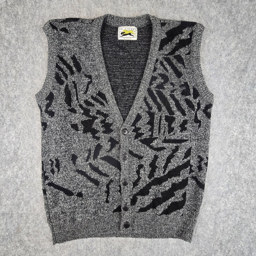 VTG 80s Le Tigre Abstract Cardigan Sweater Vest Mens L Black Gray Made in USA
